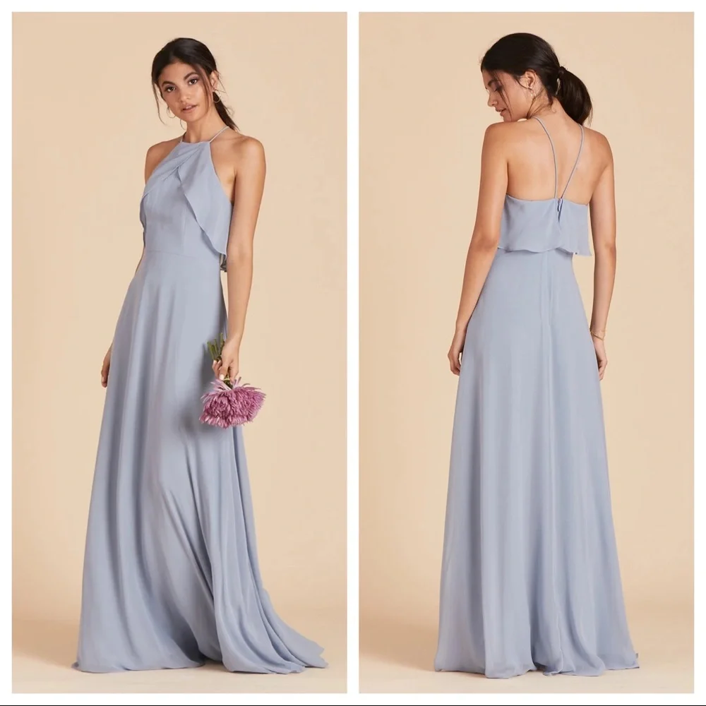 Birdy Grey Jules Full Length Chiffon Bridesmaid Dress in Dusty Blue - Picture 1 of 9